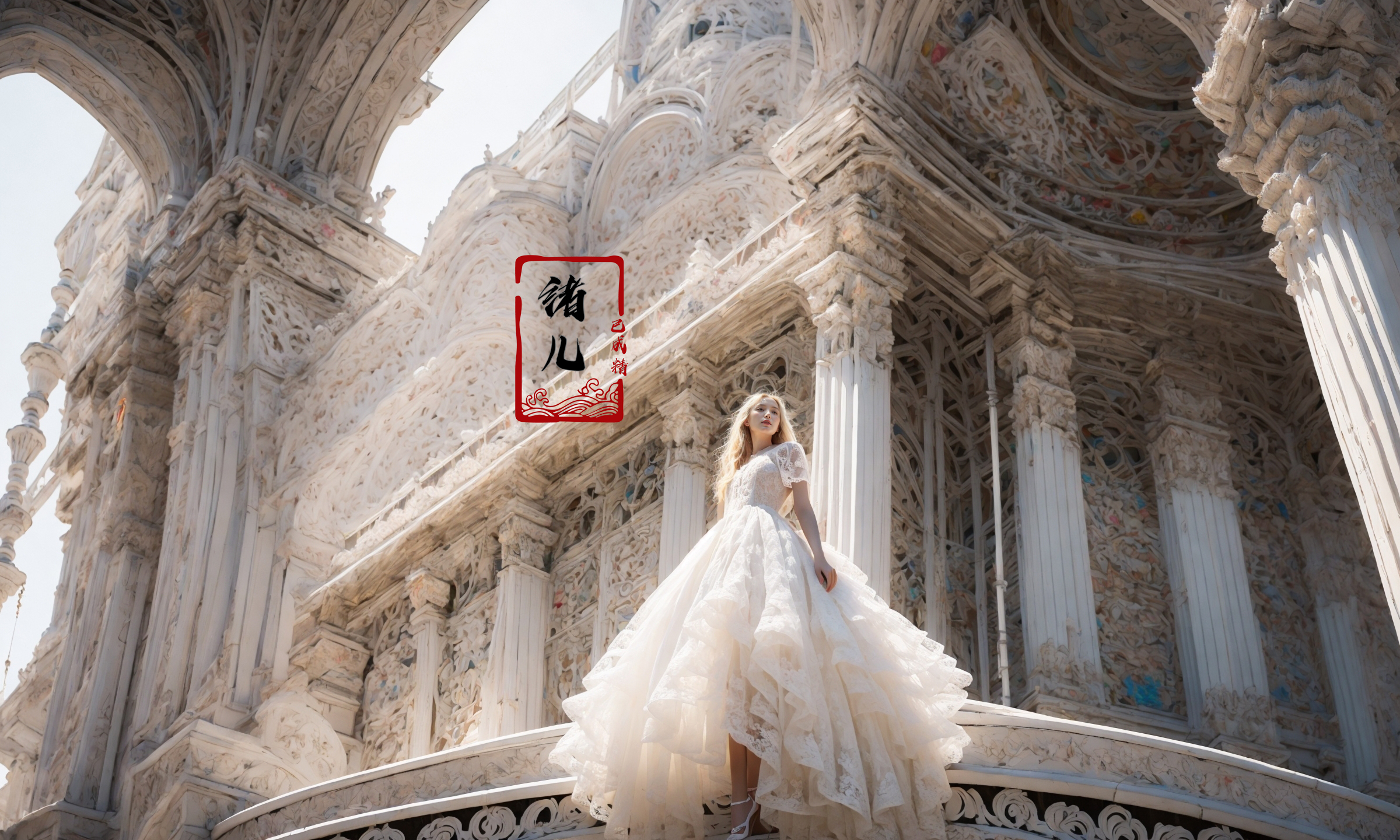 606247209521969166-869961738-Low Angle shooting, super wide lens, A blonde-haired girl, lace dress with a scalloped hem, with Rococo style decoration, gorgeo.jpg